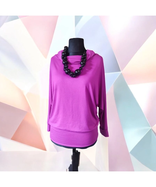 Jesienna bluzka KIMONO ze ściągaczami i z golfem - fuksja